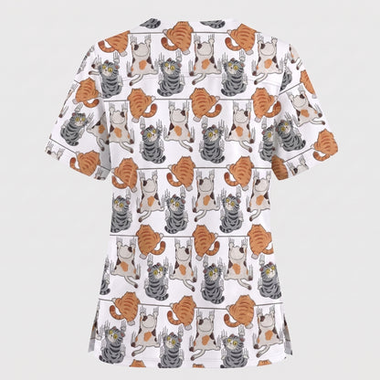 Cute Cat Pattern Nurse Scrub Top, Cats Medical Pattern Shirt, Breathable Fabrics Nursing Uniform