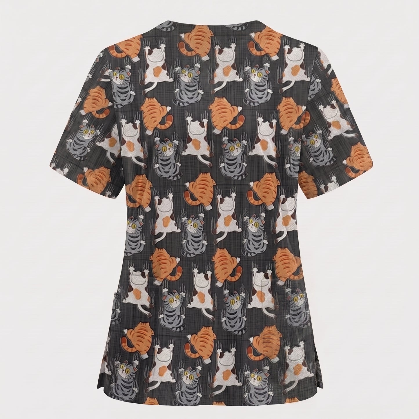 Cute Cat Pattern Nurse Scrub Top, Cats Medical Pattern Shirt, Breathable Fabrics Nursing Uniform