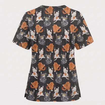 Cute Cat Pattern Nurse Scrub Top, Cats Medical Pattern Shirt, Breathable Fabrics Nursing Uniform
