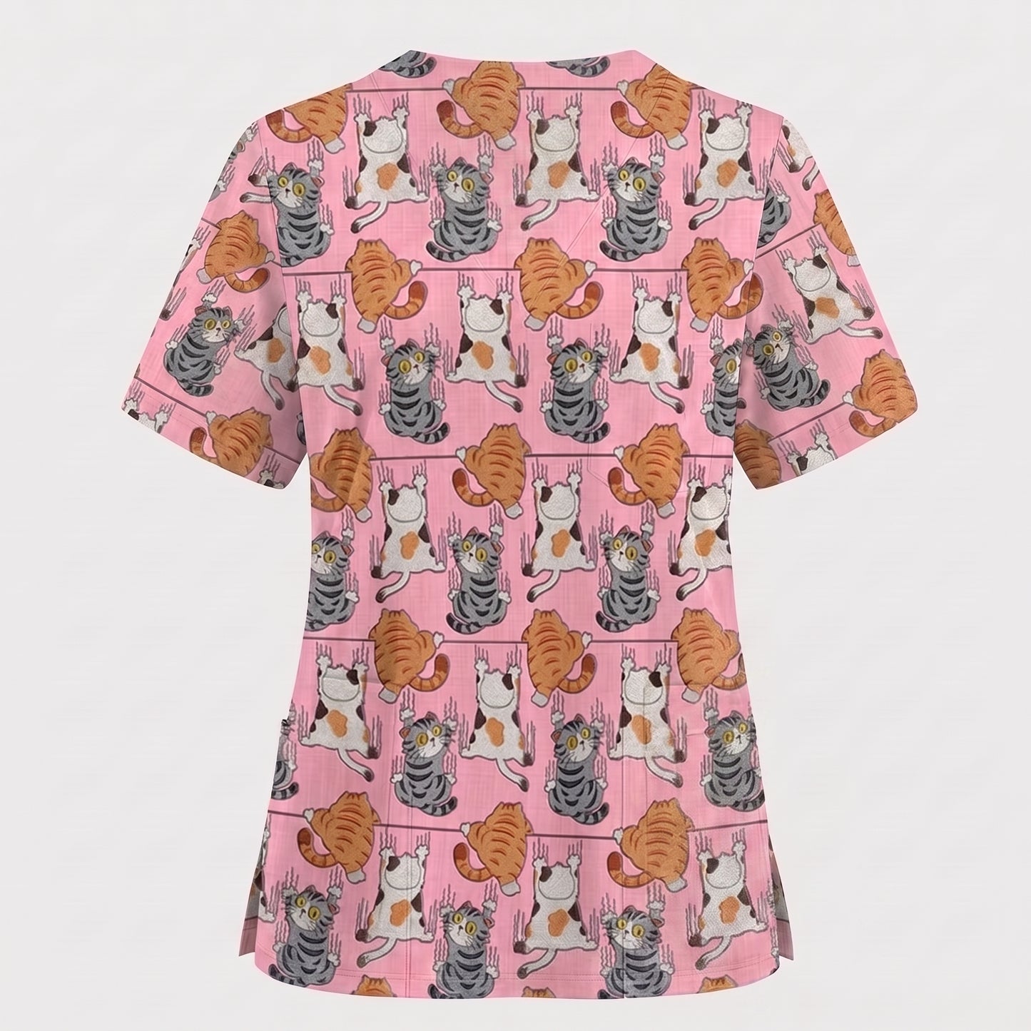 Cute Cat Pattern Nurse Scrub Top, Cats Medical Pattern Shirt, Breathable Fabrics Nursing Uniform