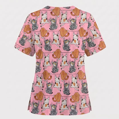 Cute Cat Pattern Nurse Scrub Top, Cats Medical Pattern Shirt, Breathable Fabrics Nursing Uniform