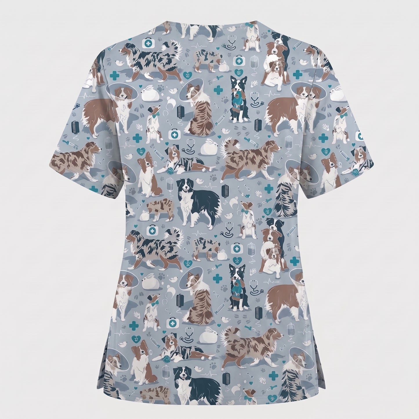 Cute Dog Pattern Veterinary Scrub Top, Breathable Fabrics Nursing Uniform, Gift For Nursing
