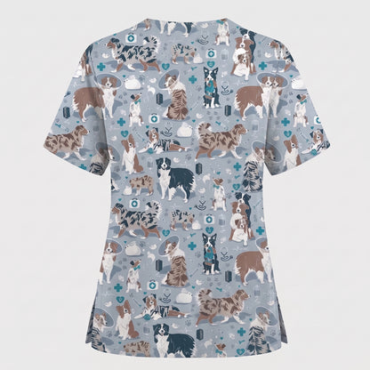 Cute Dog Pattern Veterinary Scrub Top, Breathable Fabrics Nursing Uniform, Gift For Nursing