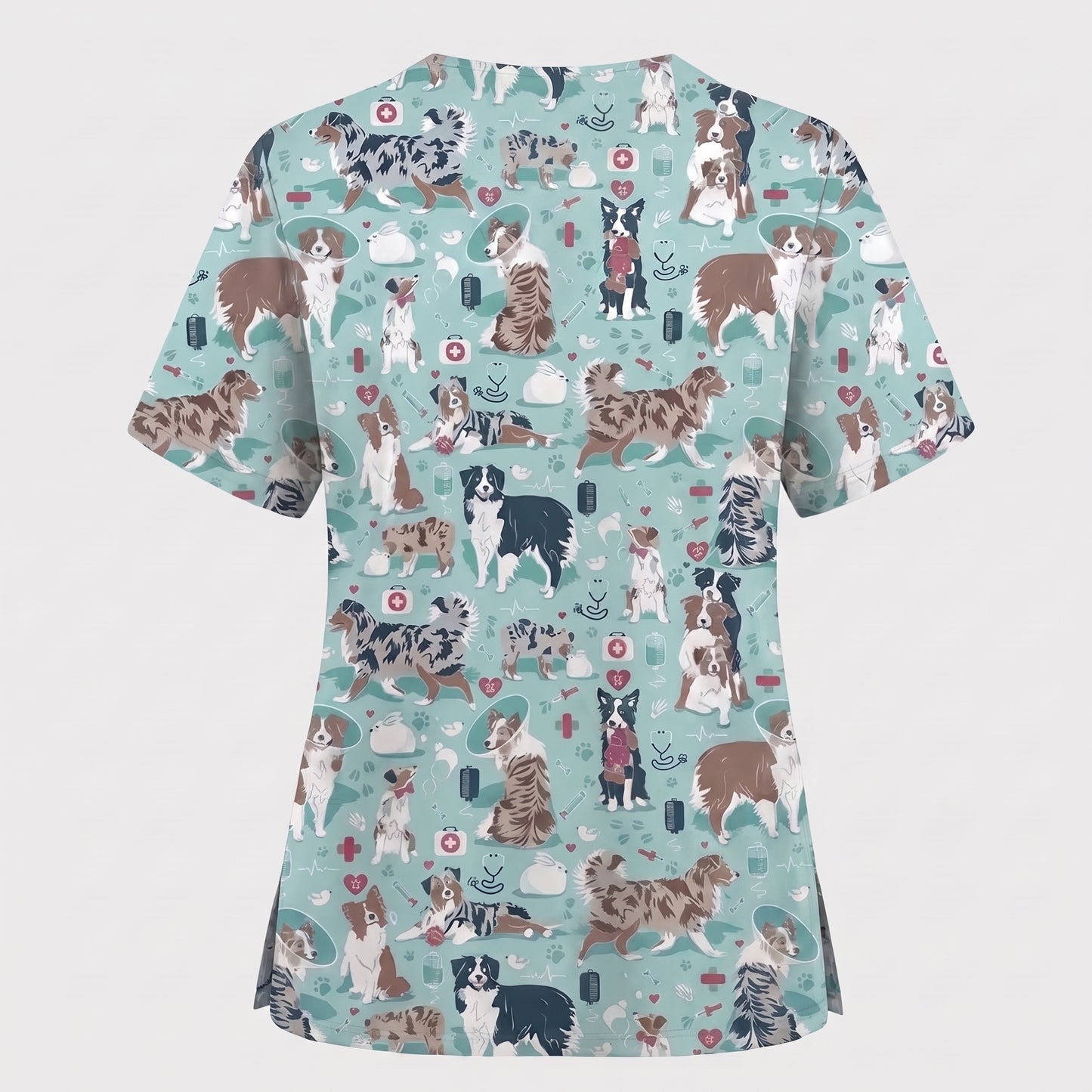 Cute Dog Pattern Veterinary Scrub Top, Breathable Fabrics Nursing Uniform, Gift For Nursing