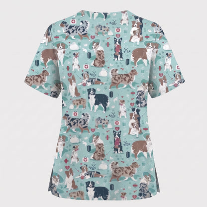 Cute Dog Pattern Veterinary Scrub Top, Breathable Fabrics Nursing Uniform, Gift For Nursing