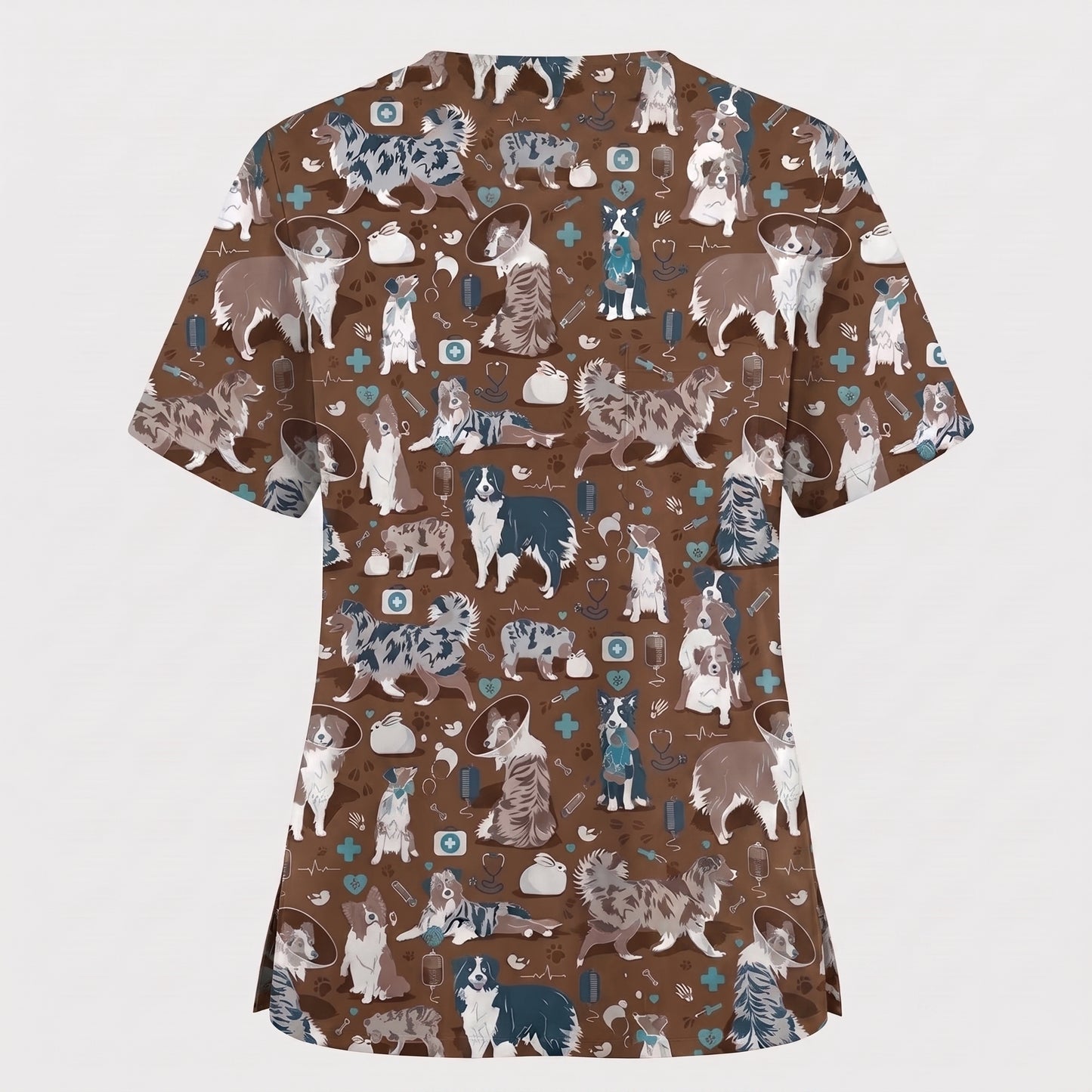 Cute Dog Pattern Veterinary Scrub Top, Breathable Fabrics Nursing Uniform, Gift For Nursing