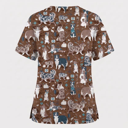 Cute Dog Pattern Veterinary Scrub Top, Breathable Fabrics Nursing Uniform, Gift For Nursing