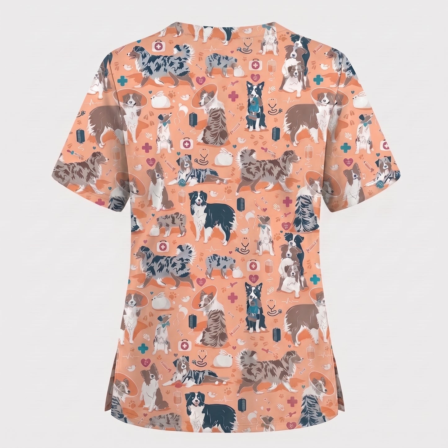 Cute Dog Pattern Veterinary Scrub Top, Breathable Fabrics Nursing Uniform, Gift For Nursing