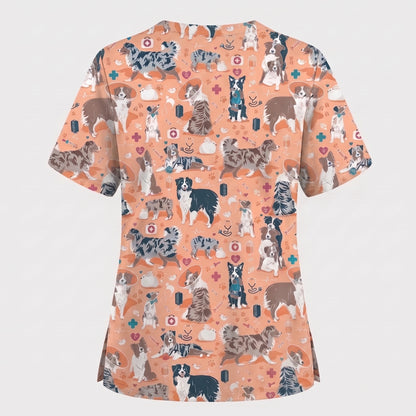 Cute Dog Pattern Veterinary Scrub Top, Breathable Fabrics Nursing Uniform, Gift For Nursing