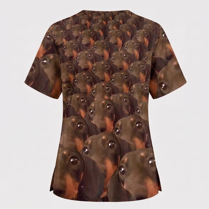 Funny Dachshund Scrub Shirt, Wiener Dog Face Scrub Top for Women, Cute Animal Scrubs Gift for Nurse, CNA, RN, Doctor