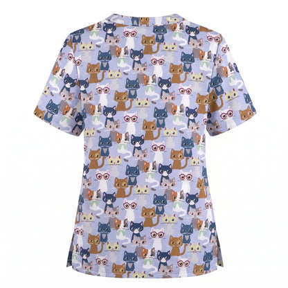 Curious Cat Scrub Top, Cute Cats Scrub Top for Women, Breathable Fabrics Nursing Uniform