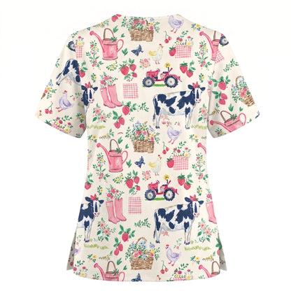 Farm Fresh Scrub Top for Women, Vintage Farm Animals Nursing Uniform, Breathable Medical Scrub Shirt