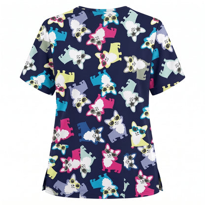 Funny Dog Print Scrub Top, Cute Puppy Pattern Nursing Uniform, Breathable Medical Scrubs for Women