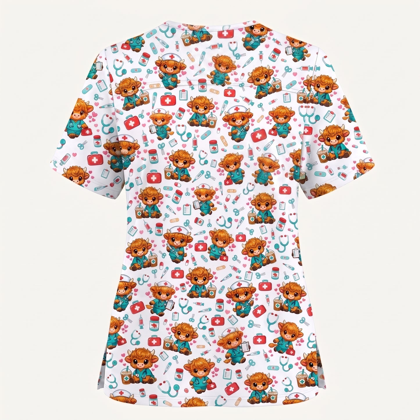 Cute Highland Cow Nurse Scrub Top, Kawaii Medical Pattern Shirt, Breathable Fabrics Nursing Uniform