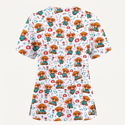 Cute Highland Cow Nurse Scrub Top, Kawaii Medical Pattern Shirt, Breathable Fabrics Nursing Uniform