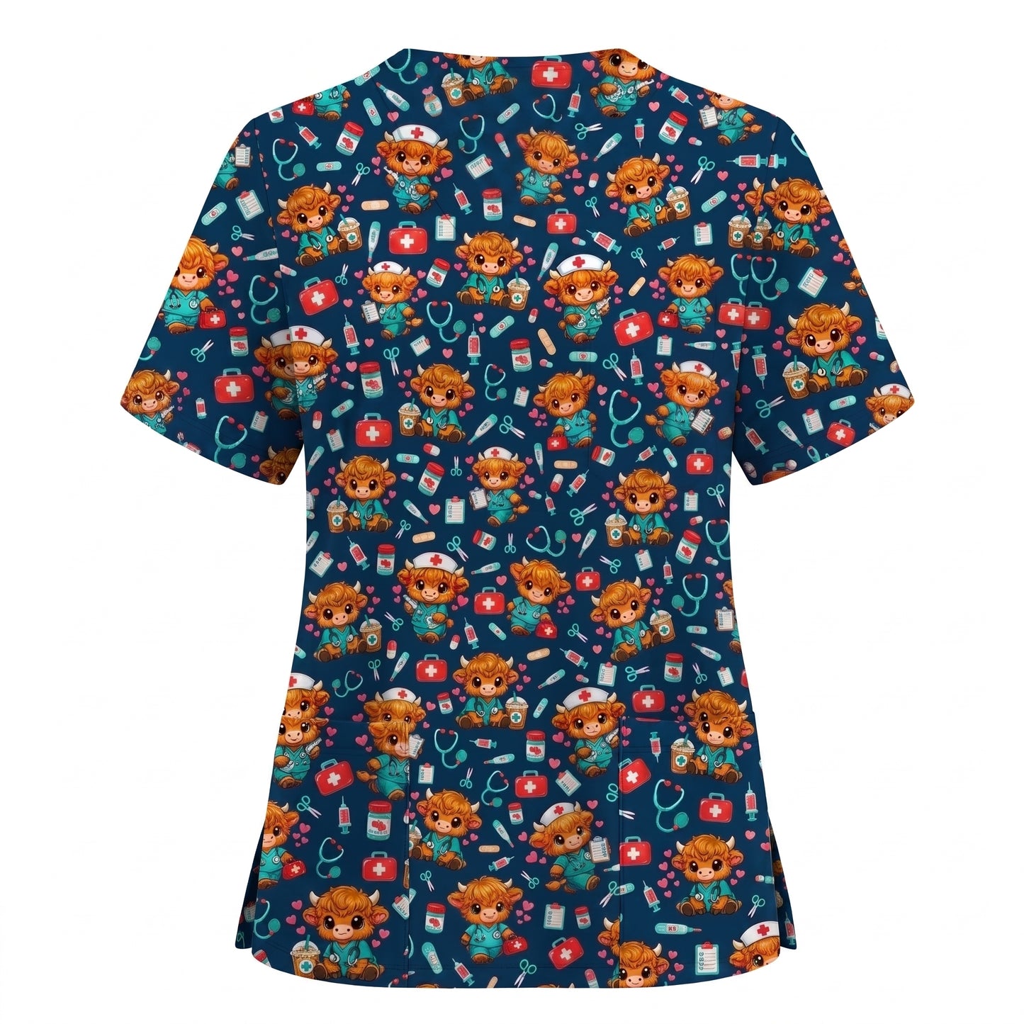 Cute Highland Cow Nurse Scrub Top, Kawaii Medical Pattern Shirt, Breathable Fabrics Nursing Uniform