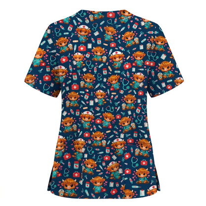 Cute Highland Cow Nurse Scrub Top, Kawaii Medical Pattern Shirt, Breathable Fabrics Nursing Uniform