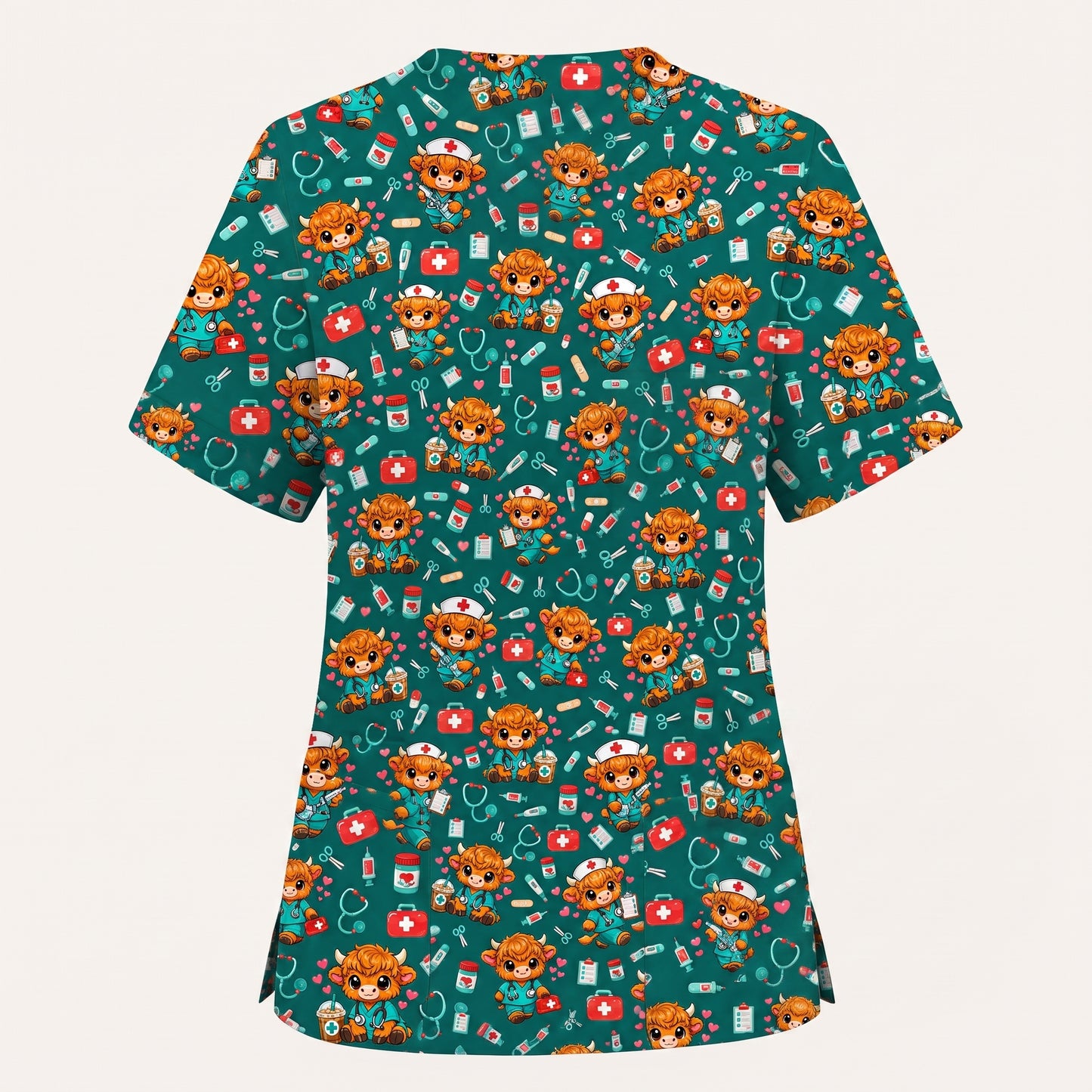 Cute Highland Cow Nurse Scrub Top, Kawaii Medical Pattern Shirt, Breathable Fabrics Nursing Uniform