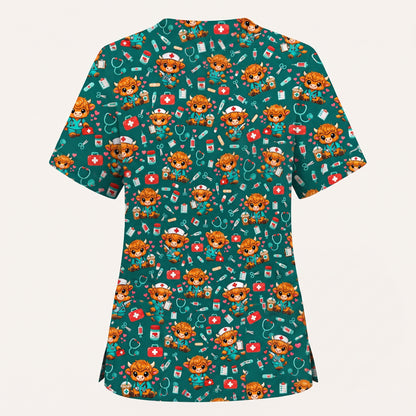 Cute Highland Cow Nurse Scrub Top, Kawaii Medical Pattern Shirt, Breathable Fabrics Nursing Uniform