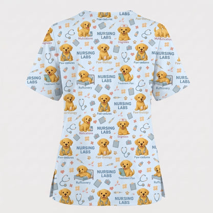 Labrador Nursing Scrub Top, Cute Dog Pattern Nurse Uniform, Comfortable Scrubs For Nurses
