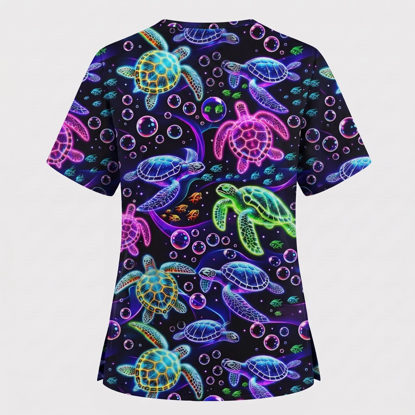 Ocean Pattern Scrub, Neon Sea Turtle Swimming Bubble Ocean Scrub Top, Breathable Fabrics Nursing Uniform