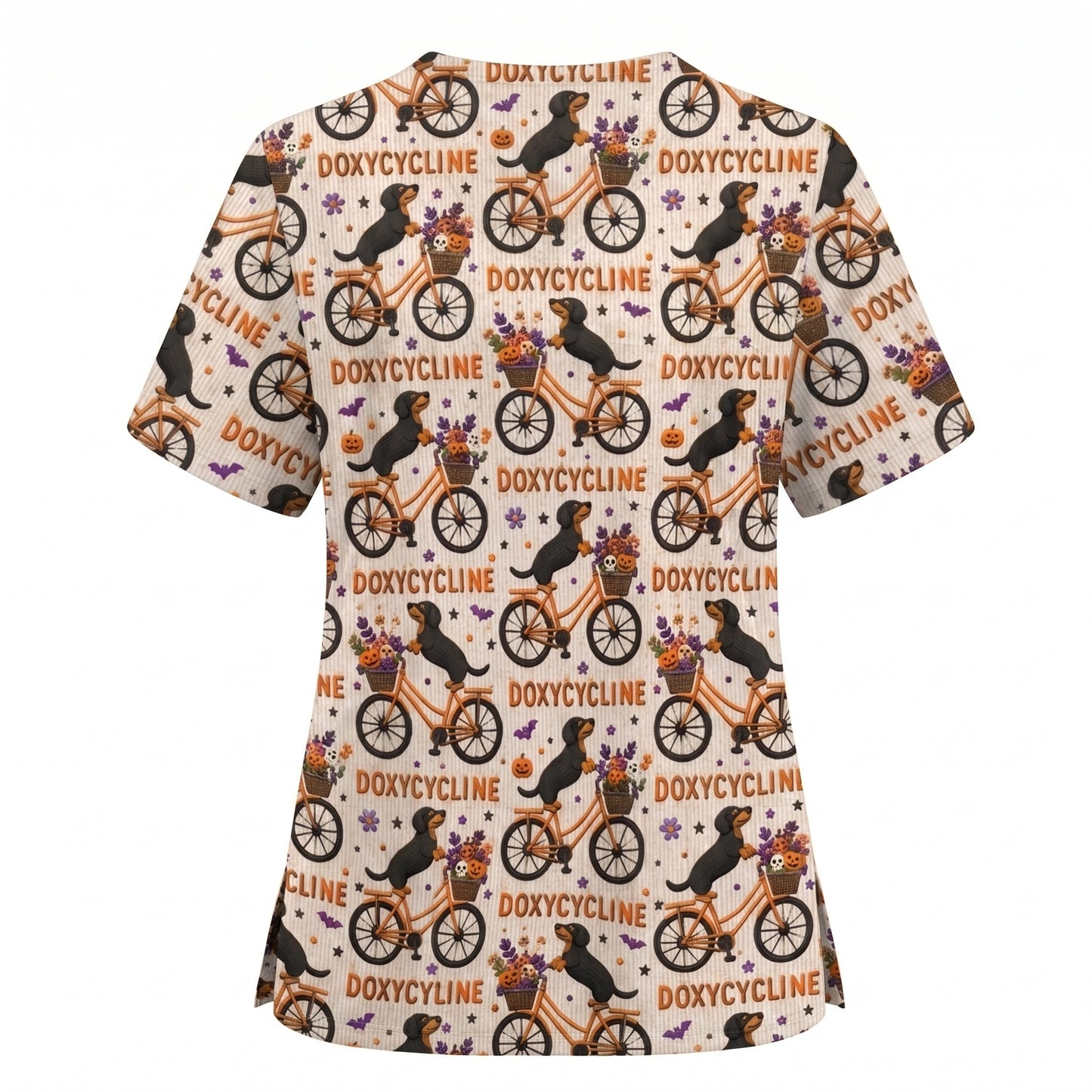 Funny Wiener Dog Pattern Scrub, Halloween Dachshund with Doxycycline Bike Scrub Top, Breathable Fabrics Nursing Uniform