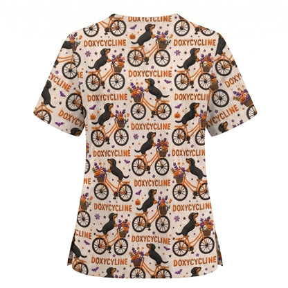 Funny Wiener Dog Pattern Scrub, Halloween Dachshund with Doxycycline Bike Scrub Top, Breathable Fabrics Nursing Uniform