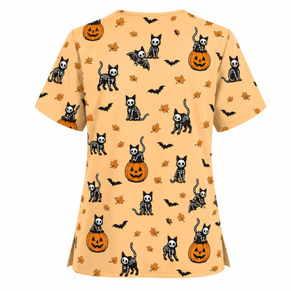 Skeleton Cat Pattern Scrub Set, Scrub Pants and V Neck Top, Breathable Fabrics Nursing Uniform