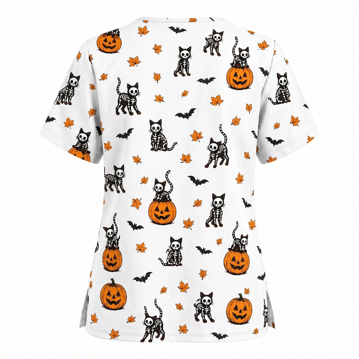 Skeleton Cat Pattern Scrub Set, Scrub Pants and V Neck Top, Breathable Fabrics Nursing Uniform