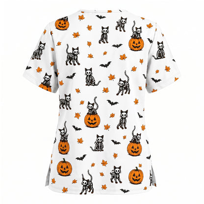 Skeleton Cat Pattern Scrub Set, Scrub Pants and V Neck Top, Breathable Fabrics Nursing Uniform