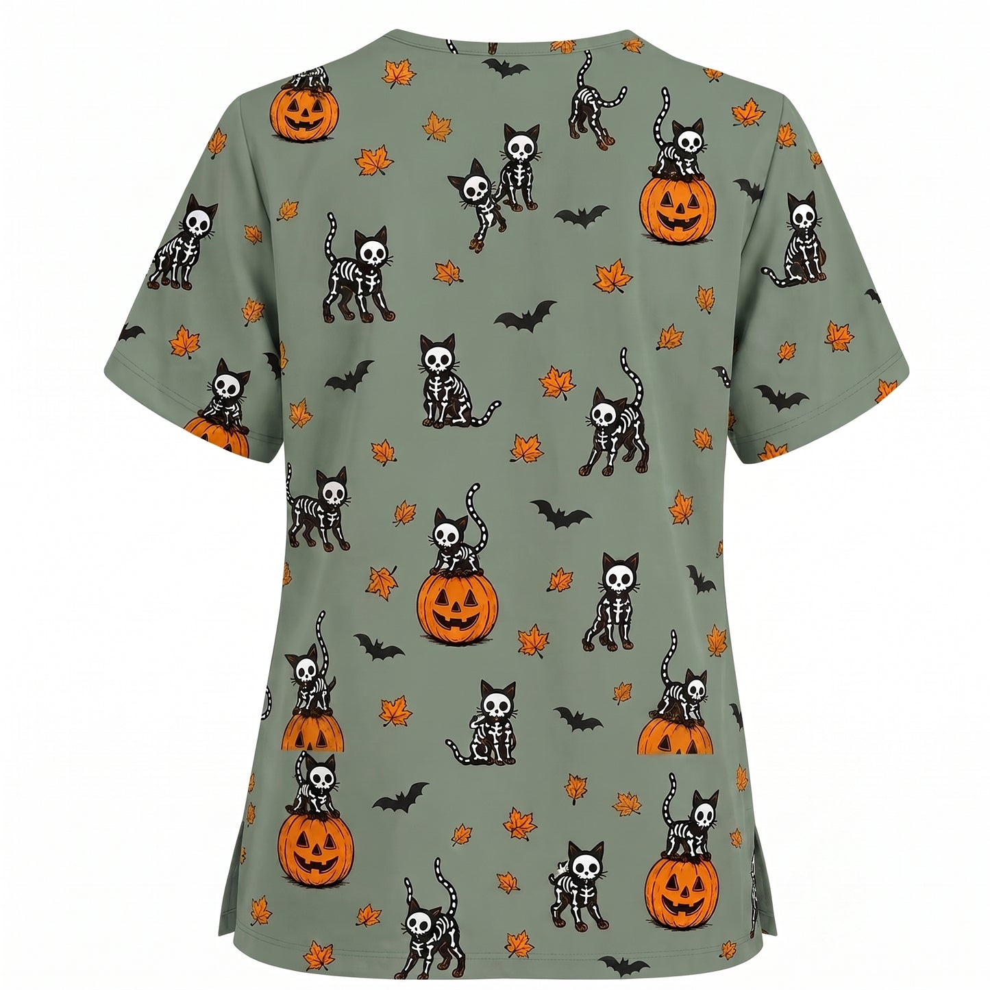 Skeleton Cat Pattern Scrub Set, Scrub Pants and V Neck Top, Breathable Fabrics Nursing Uniform