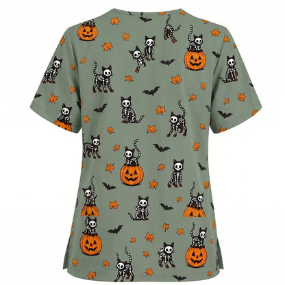 Skeleton Cat Pattern Scrub Set, Scrub Pants and V Neck Top, Breathable Fabrics Nursing Uniform
