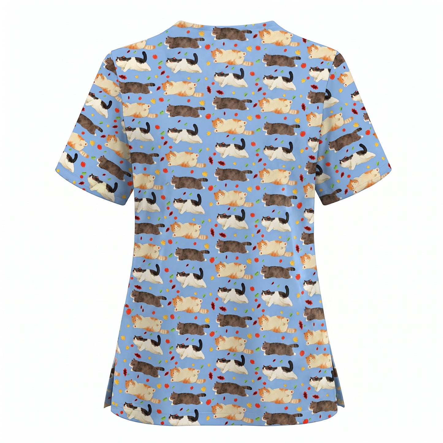 Chubby Cat Autumn Leaves Print Scrub Set, Cat Pattern Scrub For Nursing, Breathable Med Uniform