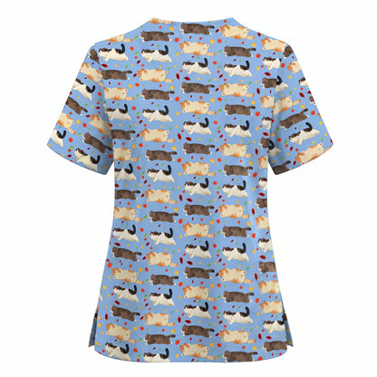 Chubby Cat Autumn Leaves Print Scrub Set, Cat Pattern Scrub For Nursing, Breathable Med Uniform
