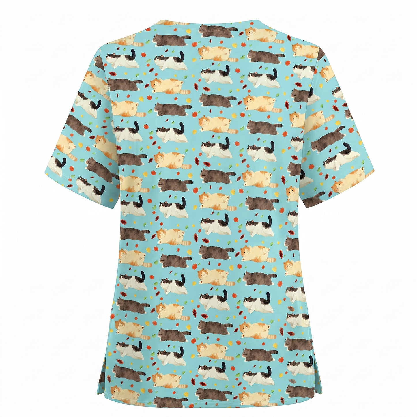 Chubby Cat Autumn Leaves Print Scrub Set, Cat Pattern Scrub For Nursing, Breathable Med Uniform