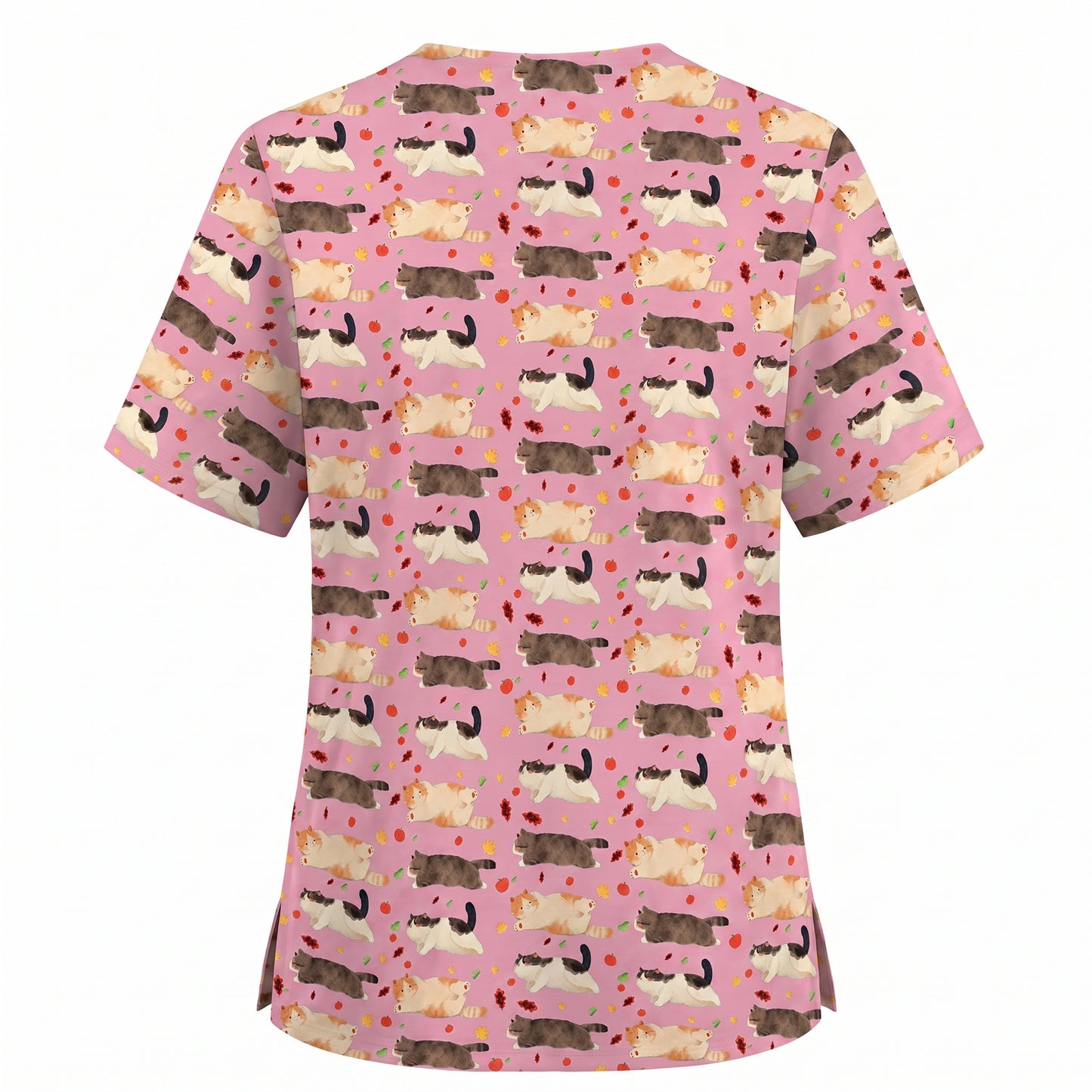 Chubby Cat Autumn Leaves Print Scrub Set, Cat Pattern Scrub For Nursing, Breathable Med Uniform