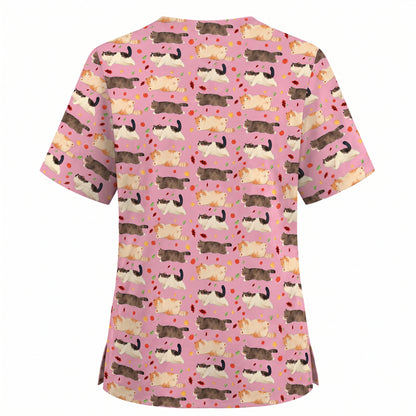 Chubby Cat Autumn Leaves Print Scrub Set, Cat Pattern Scrub For Nursing, Breathable Med Uniform