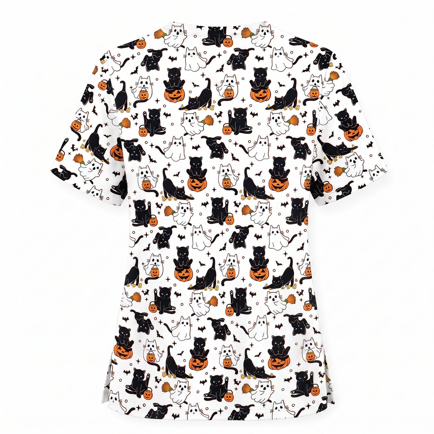 Halloween Cat Ghost Pumpkin Pattern Scrub Set, Scrub Pants and V Neck Top, Breathable Fabrics Nursing Uniform