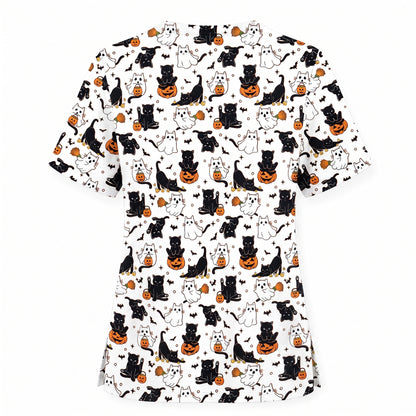 Halloween Cat Ghost Pumpkin Pattern Scrub Set, Scrub Pants and V Neck Top, Breathable Fabrics Nursing Uniform