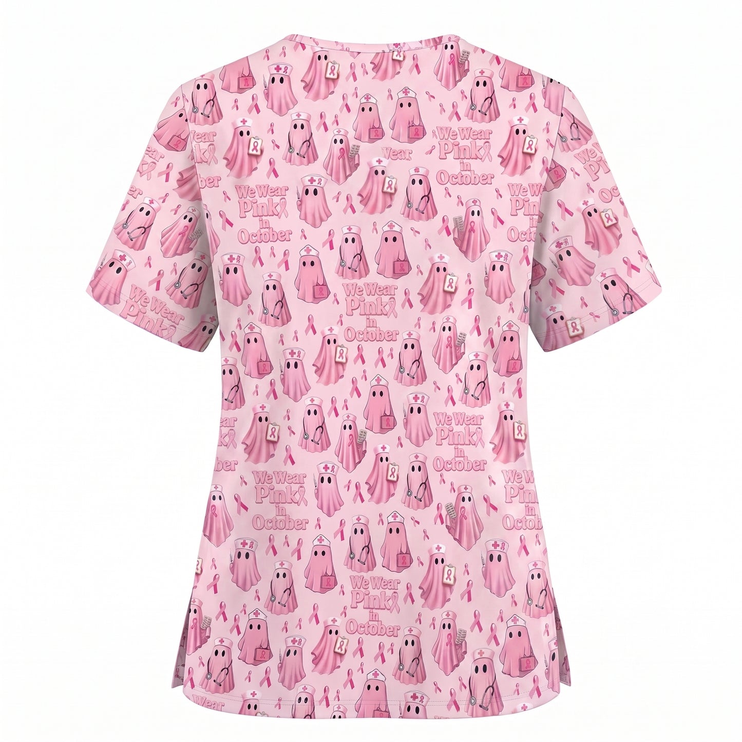 Funny Breast Cancer Awareness Scrub Top, We Wear Pink In October & Ghost Pattern Nurse Uniform, Gift for RN LPN CNA