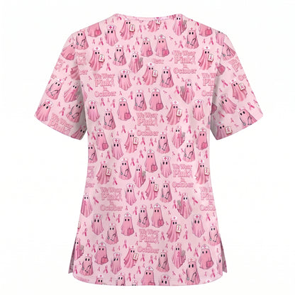Funny Breast Cancer Awareness Scrub Top, We Wear Pink In October & Ghost Pattern Nurse Uniform, Gift for RN LPN CNA