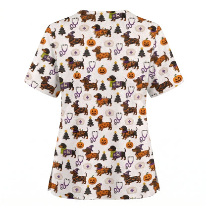 Funny Wiener Dog Pattern Scrub, Halloween Dachshund with Pumpkin Stethoscope Print Scrub Top, Breathable Fabrics Nursing Uniform (Copy)
