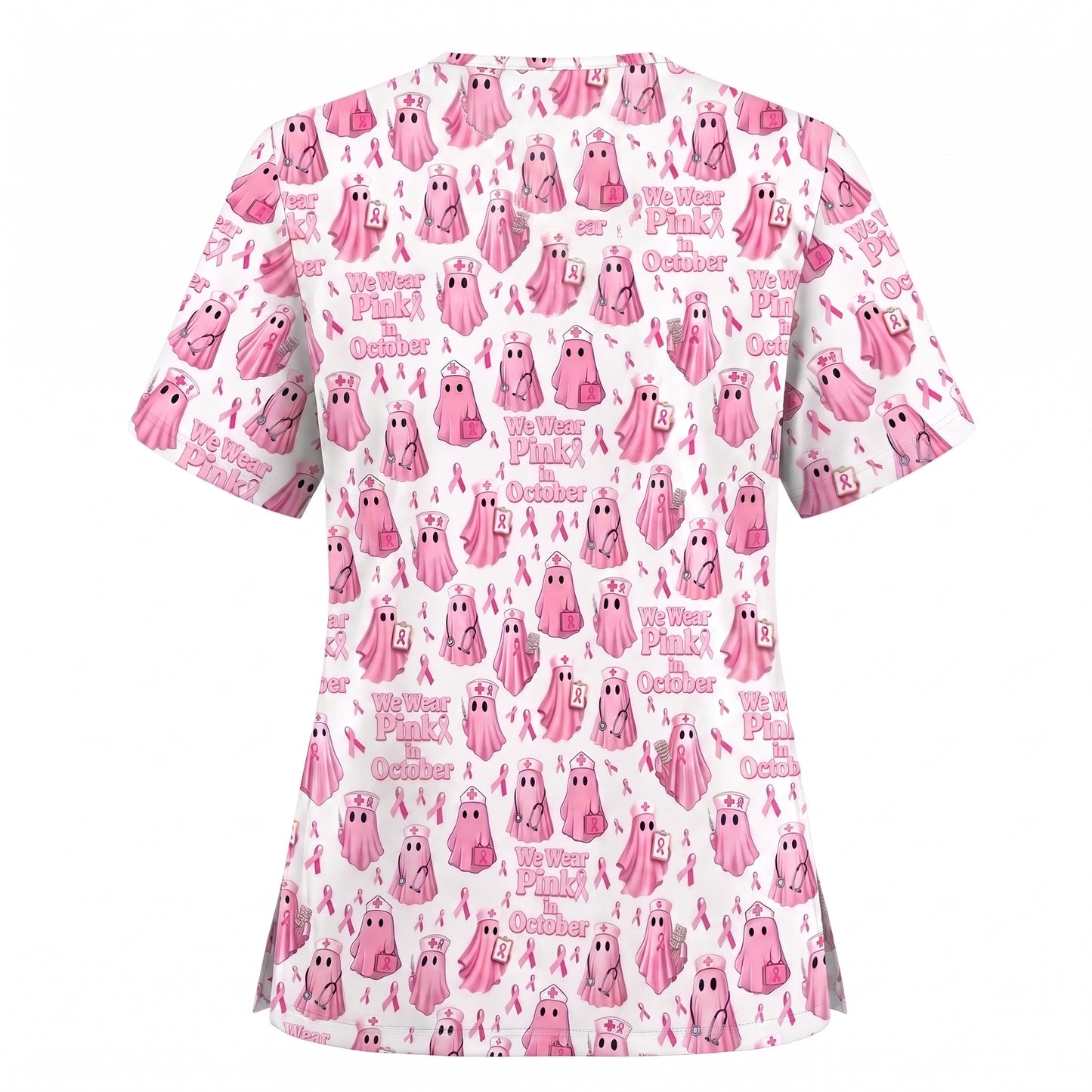 Funny Breast Cancer Awareness Scrub Top, We Wear Pink In October & Ghost Pattern Nurse Uniform, Gift for RN LPN CNA