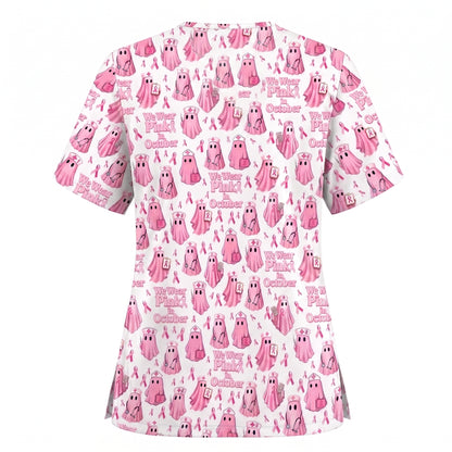 Funny Breast Cancer Awareness Scrub Top, We Wear Pink In October & Ghost Pattern Nurse Uniform, Gift for RN LPN CNA