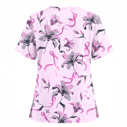 Breast Cancer Awareness Scrub Top for Women, Pink Ribbon Lily Floral Nursing Uniform, Support Breast Cancer Warrior Gift