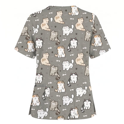 Funny Cat Scrub Set, Cute Cat Pattern Scrub For Nursing, Breathable Med Uniform