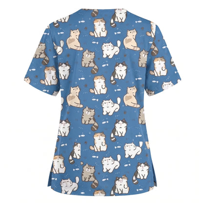 Funny Cat Scrub Set, Cute Cat Pattern Scrub For Nursing, Breathable Med Uniform