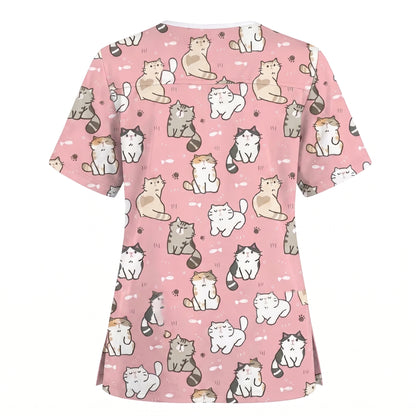 Funny Cat Scrub Set, Cute Cat Pattern Scrub For Nursing, Breathable Med Uniform