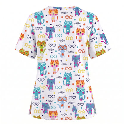 Cat Meow Pattern Scrub Top, Funny Cats Scrub Top for Women, Breathable Fabrics Nursing Uniform