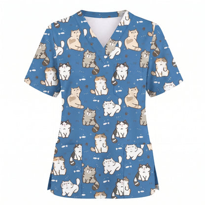 Funny Cat Scrub Set, Cute Cat Pattern Scrub For Nursing, Breathable Med Uniform
